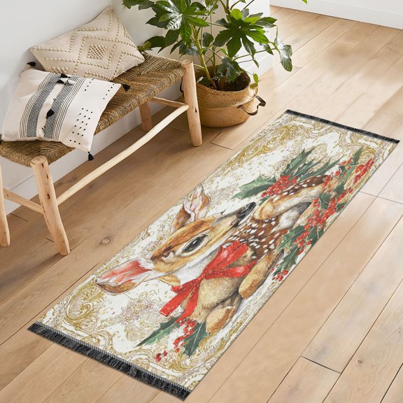 72x23.5 Runner Rug Non Slip Washable Baby Deer with Red Bow Soft Short Pile Bedroom Runner Carpet for Bedroom Hallway Entryway Kitchen Laundry