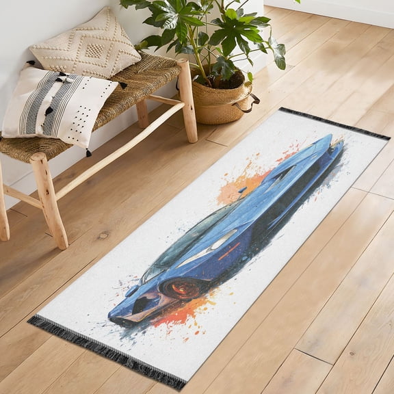 72x23.5 Runner Rug Non Slip Washable Blue Car Splash Art Soft Short Pile Bedroom Runner Carpet for Bedroom Hallway Entryway Kitchen Laundry