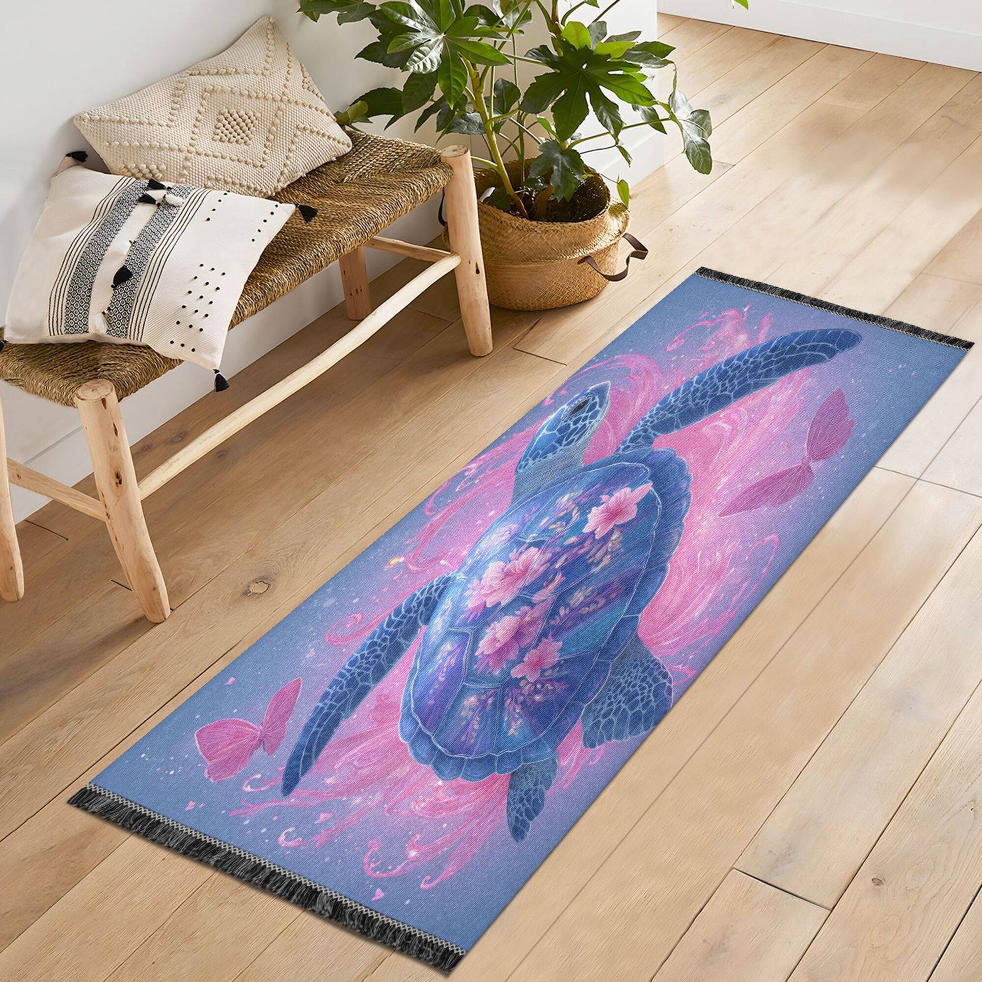 72x23.5 Runner Rug Non Slip Washable Blue Sea Turtle Pattern Soft Short ...