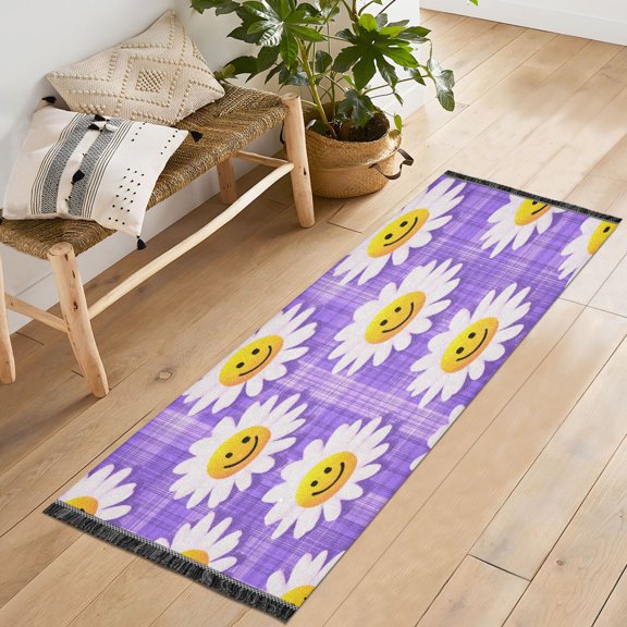 72x23.5 Runner Rug Non Slip Washable Cute Smiling Daisies on Purple Soft Short Pile Bedroom Runner Carpet for Bedroom Hallway Entryway Kitchen Laundry
