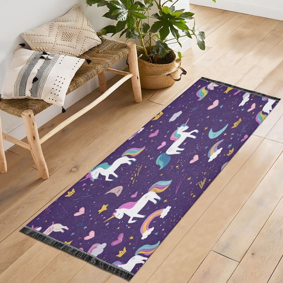 72x23.5 Runner Rug Non Slip Washable Dark Purple Unicorn Print Soft Short Pile Bedroom Runner Carpet for Bedroom Hallway Entryway Kitchen Laundry