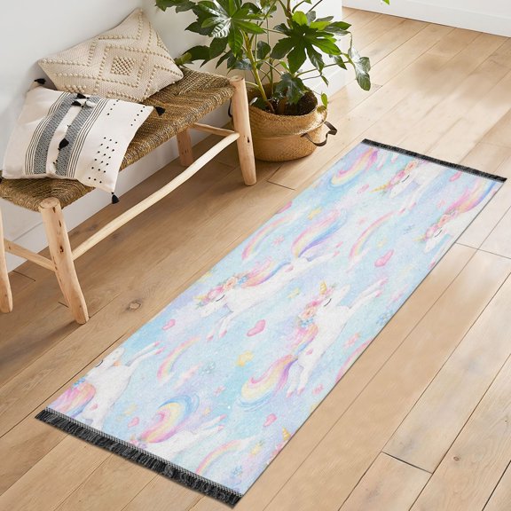 72x23.5 Runner Rug Non Slip Washable Flying Unicorn Rainbow Graphic Soft Short Pile Bedroom Runner Carpet for Bedroom Hallway Entryway Kitchen Laundry