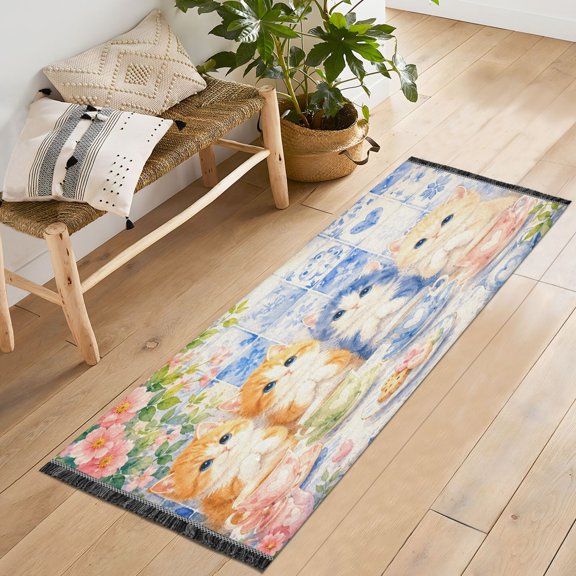 72x23.5 Runner Rug Non Slip Washable Four Fluffy Cat Tea Lovers Soft Short Pile Bedroom Runner Carpet for Bedroom Hallway Entryway Kitchen Laundry