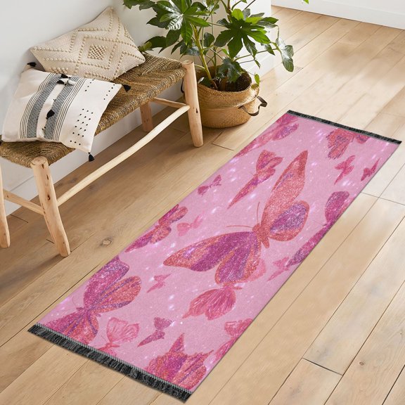 72x23.5 Runner Rug Non Slip Washable Glittering Sequin Butterfly Soft Short Pile Bedroom Runner Carpet for Bedroom Hallway Entryway Kitchen Laundry