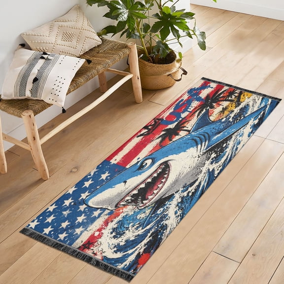 72x23.5 Runner Rug Non Slip Washable Graffiti Shark American Flag Art Soft Short Pile Bedroom Runner Carpet for Bedroom Hallway Entryway Kitchen Laundry