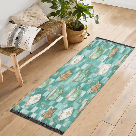 72x23.5 Runner Rug Non Slip Washable Green Coffee Mugs Soft Short Pile Bedroom Runner Carpet for Bedroom Hallway Entryway Kitchen Laundry