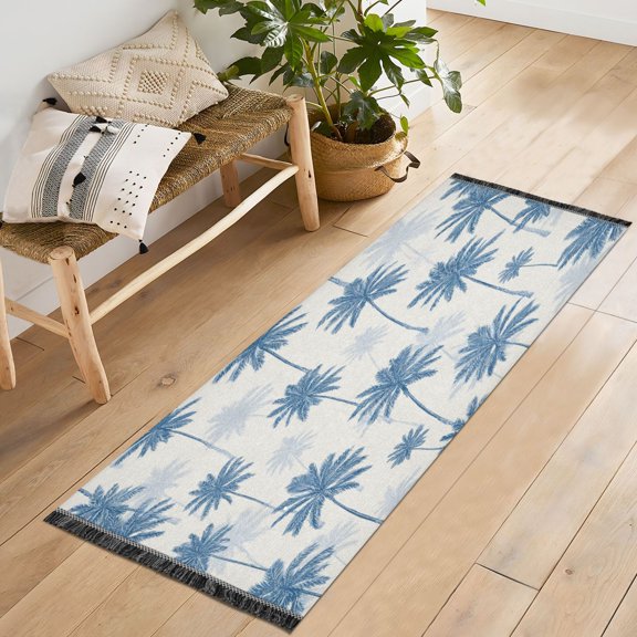 72x23.5 Runner Rug Non Slip Washable Indigo Palm Pattern Soft Short Pile Bedroom Runner Carpet for Bedroom Hallway Entryway Kitchen Laundry