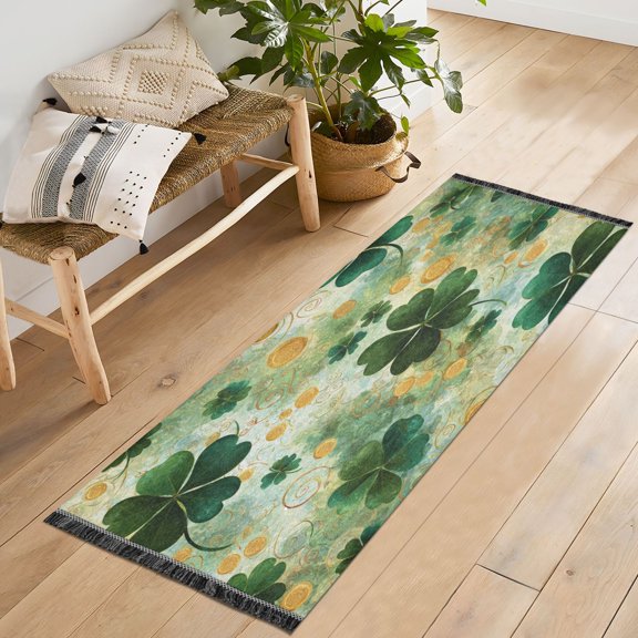 72x23.5 Runner Rug Non Slip Washable Lucky Clover Coin Pattern Soft Short Pile Bedroom Runner Carpet for Bedroom Hallway Entryway Kitchen Laundry