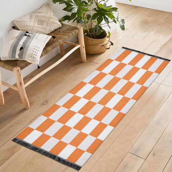 72x23.5 Runner Rug Non Slip Washable Orange Checkerboard Soft Short Pile Bedroom Runner Carpet for Bedroom Hallway Entryway Kitchen Laundry