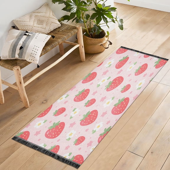 72x23.5 Runner Rug Non Slip Washable Pink Strawberry Pattern Graphic Soft Short Pile Bedroom Runner Carpet for Bedroom Hallway Entryway Kitchen Laundry