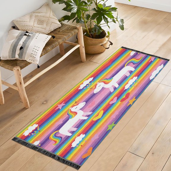 72x23.5 Runner Rug Non Slip Washable Rainbow Striped Unicorn Print Soft Short Pile Bedroom Runner Carpet for Bedroom Hallway Entryway Kitchen Laundry