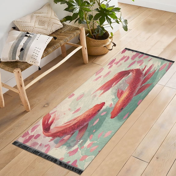 72x23.5 Runner Rug Non Slip Washable Red Koi Harmony Soft Short Pile Bedroom Runner Carpet for Bedroom Hallway Entryway Kitchen Laundry
