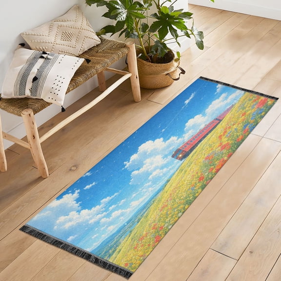 72x23.5 Runner Rug Non Slip Washable Red Train Summer Journey Soft Short Pile Bedroom Runner Carpet for Bedroom Hallway Entryway Kitchen Laundry