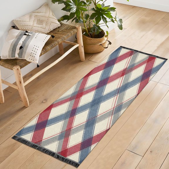 72x23.5 Runner Rug Non Slip Washable Red-blue Diagonal Lines Soft Short Pile Bedroom Runner Carpet for Bedroom Hallway Entryway Kitchen Laundry