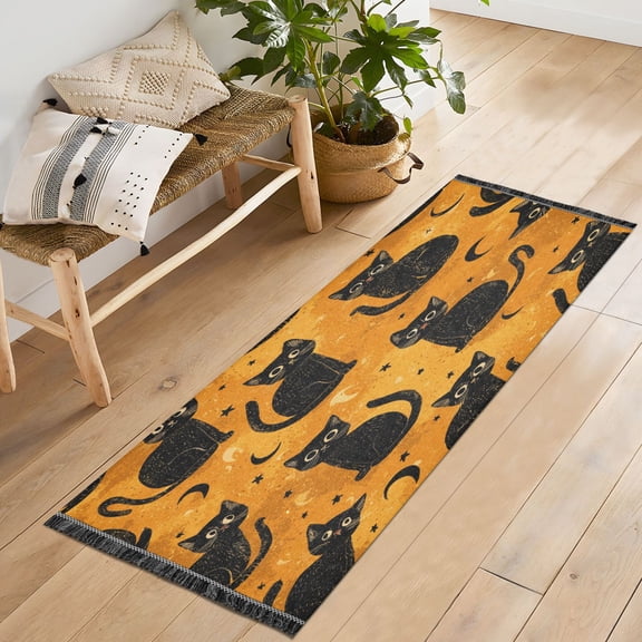 72x23.5 Runner Rug Non Slip Washable Repeating Mysterious Black Cat Pattern Soft Short Pile Bedroom Runner Carpet for Bedroom Hallway Entryway Kitchen Laundry