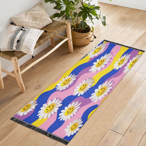 72x23.5 Runner Rug Non Slip Washable Smiling Daisies on Assorted Backgrounds Soft Short Pile Bedroom Runner Carpet for Bedroom Hallway Entryway Kitchen Laundry