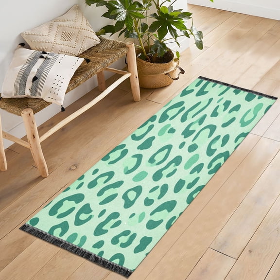 72x23.5 Runner Rug Non Slip Washable Soft Green Tonal Cheetah Print Soft Short Pile Bedroom Runner Carpet for Bedroom Hallway Entryway Kitchen Laundry