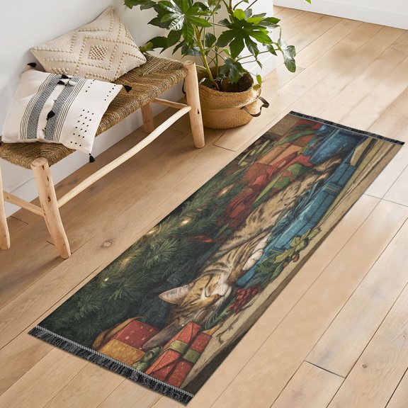 72x23.5 Runner Rug Non Slip Washable Tabby Cat and Christmas Presents Soft Short Pile Bedroom Runner Carpet for Bedroom Hallway Entryway Kitchen Laundry