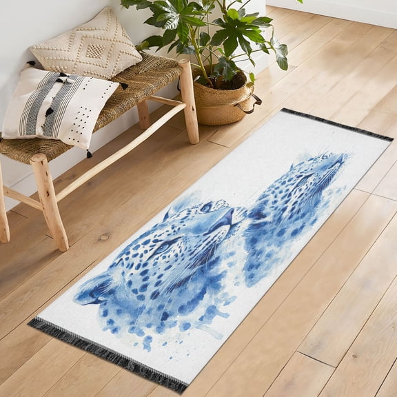 72x23.5 Runner Rug Non Slip Washable The Blue Cheetah Portrait Soft Short Pile Bedroom Runner Carpet for Bedroom Hallway Entryway Kitchen Laundry