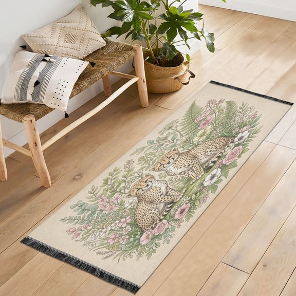 72x23.5 Runner Rug Non Slip Washable Wild Cheetah Floral Artwork Soft Short Pile Bedroom Runner Carpet for Bedroom Hallway Entryway Kitchen Laundry