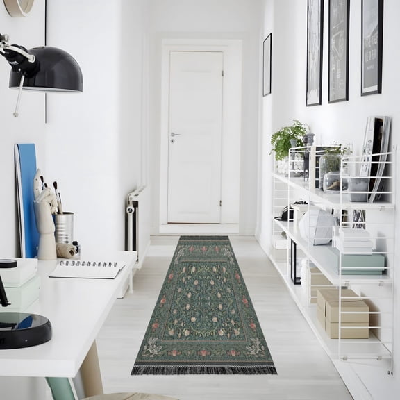 72x23.5in Dark Green Flowers Printed Runner Rug Non-Slip Washable Rugs Entry Mat for Bedroom Kitchen