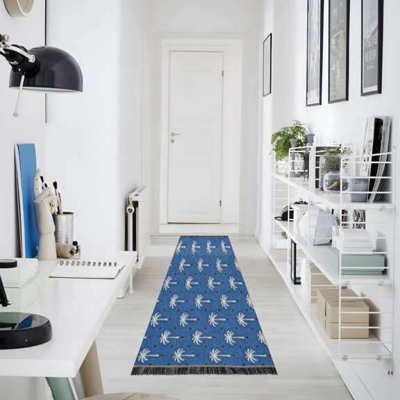 72x23.5in Navy Whitepalm Printed Runner Rug Non-Slip Washable Rugs Entry Mat for Bedroom Kitchen