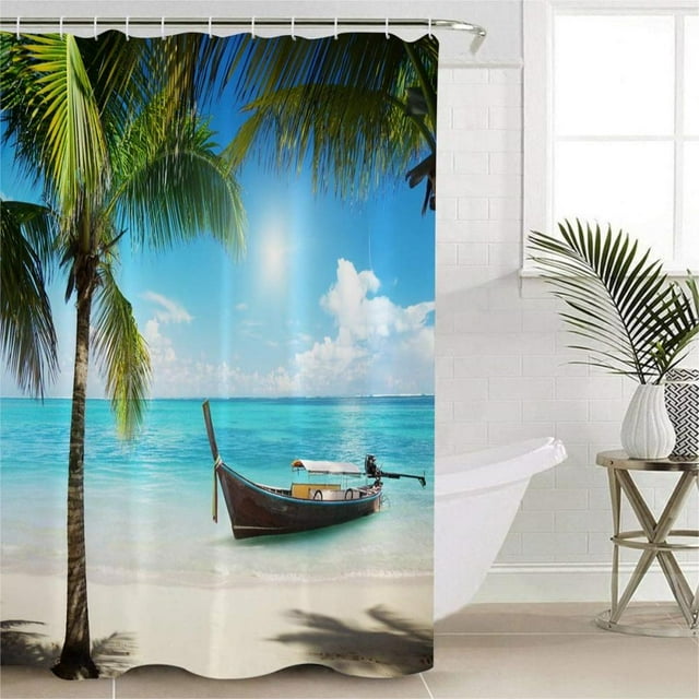 72x72 Beach Shower Curtain, Boat on The Island Exotic Shoreline, Summer