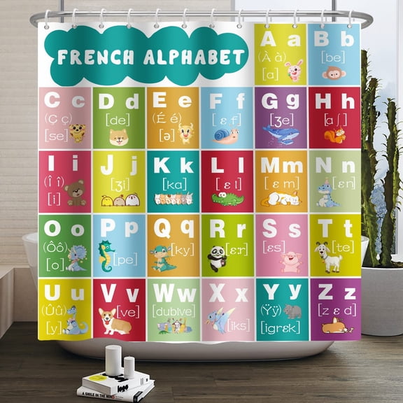 72x72 Inch Alphabet Shower Curtain Kids ABC Educational Learning Tool A to Z Colorful Shower Curtain Kids Bathroom Curtain Waterproof Polyester Fabric Cloth Set with Hooks