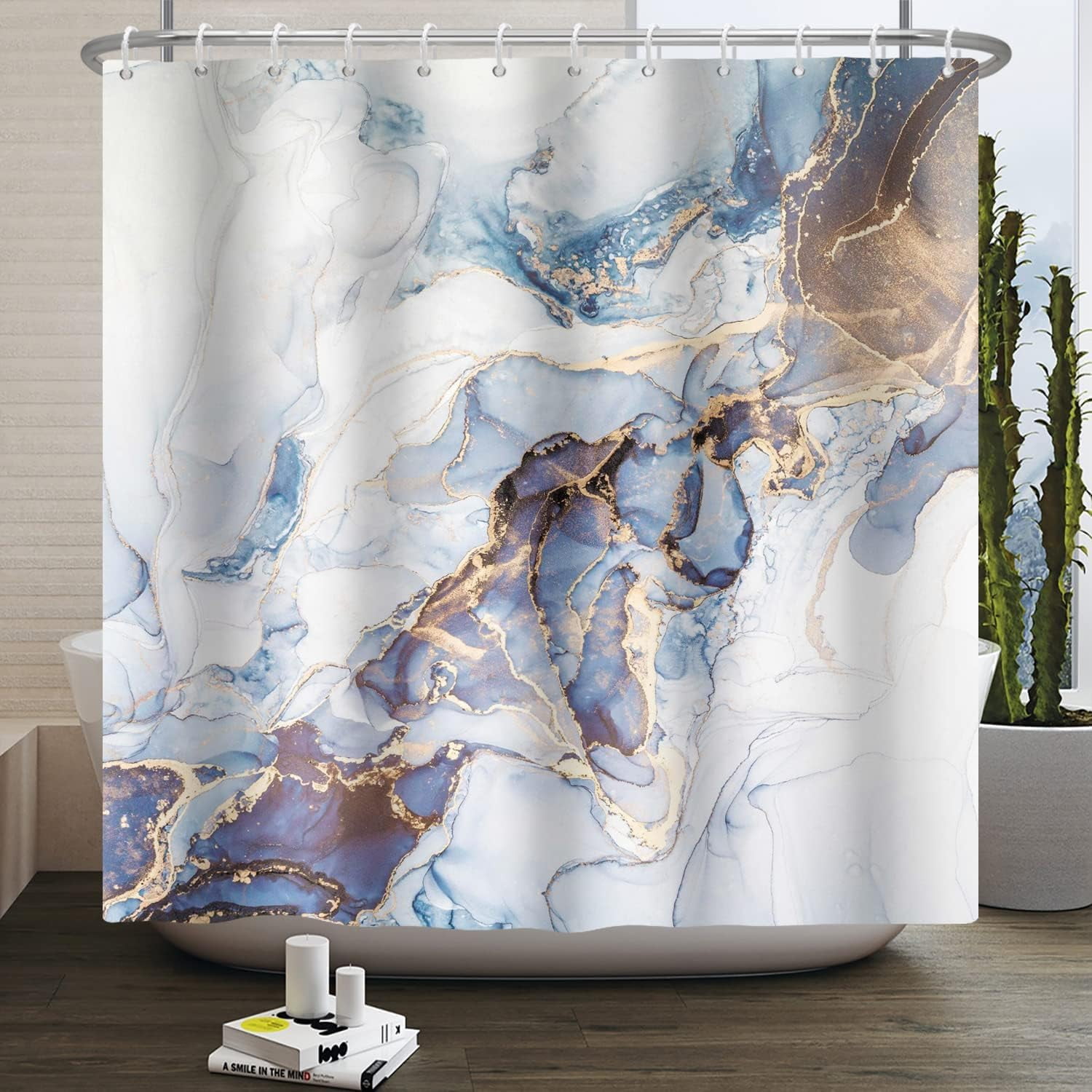 72x72 Inch Blue Gold Marble Shower Curtain Abstract Golden Cracked