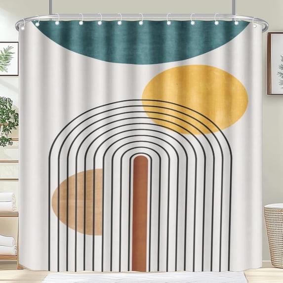 72x72 Inch Boho Mid Century Shower Curtain Abstract Modern Minimalist Bath Curtain Sets Waterproof Arch Curve Geometric Fabric Shower Curtains for Bedroom Livingroom Bathroom Decor with Hooks