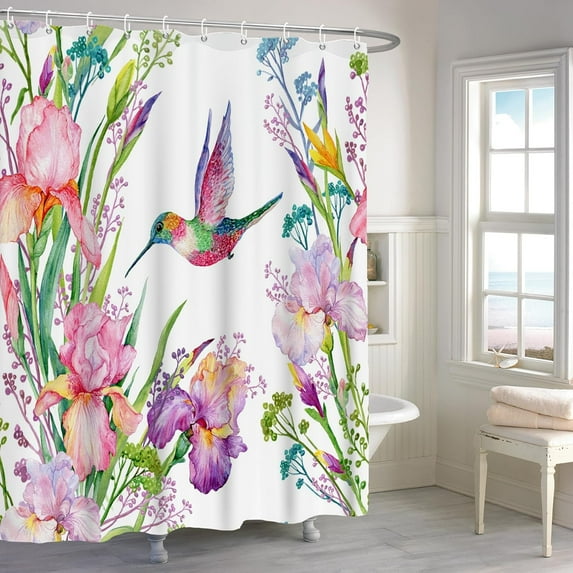 72x72 Inch Flower Hummingbird Shower Curtain Watercolor Pink Floral Blooming Bird Natural Plants Botanical Shower Curtains for Bathroom Decor Waterproof Polyester with Hooks
