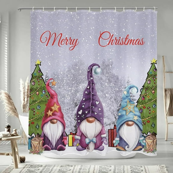 72x72 Inch Merry Christmas Long Shower Curtains Gnome Xmas Tree Polyester Bath Curtain Winter Holiday Stall Size Shower Curtain for Kids Bathroom Decor Fabric with Hooks