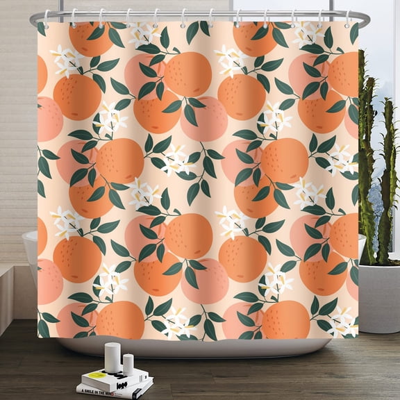 72x72 Inch Orange Shower Curtain Fresh Cute Fruit Green Leaves White Floral Shower Curtain for Bathroom Modern Decor Fabric Cloth Polyester Waterproof Set with Hooks