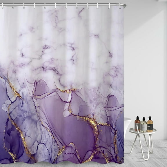 72x72 Inch Purple Marble Shower Curtain for Bathroom Abstract Lavender Purple Gradient Gold Texture Fabric Shower Curtains Modern Luxury Aesthetic Ink Art Bath Curtain Polyester with Hooks