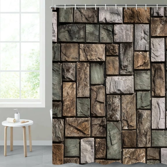 72x72 Inch Retro Brick Wall Shower Curtain Vintage Brown Grey Geometric Rock Stone Farmhouse Fabric Shower Curtains for Bathroom Decor Bathtub Curtain Polyester Waterproof with Hooks