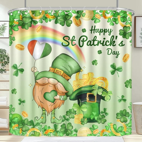 72x72 Inch St Patricks Day Shower Curtains Saint Patricks Day Shower Curtain St Patrick Leprechaun Gnome Bath Curtain Sets Gold Coin Shamrock Clover Fabric Curtains for Bathroom Decor with Hooks