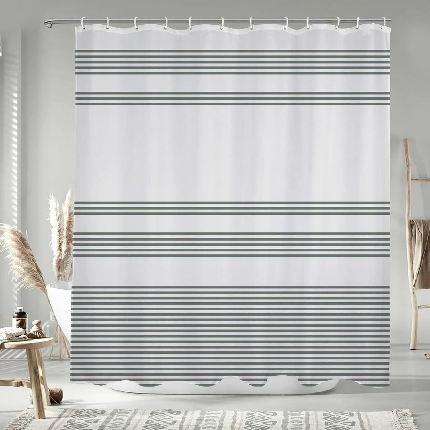72x72 Inch Striped Farmhouse Long Shower Curtain Vintage Neutral