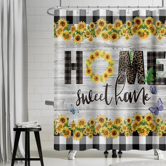 72x72 Inch Sweet Home Farmhouse Shower Curtain Sunflower Buffalo Plaid Waffle Bathtub Curtain Rustic Wooden Plank Checkered Shower Curtains for Kids Bathroom Decor Waterproof with Hooks