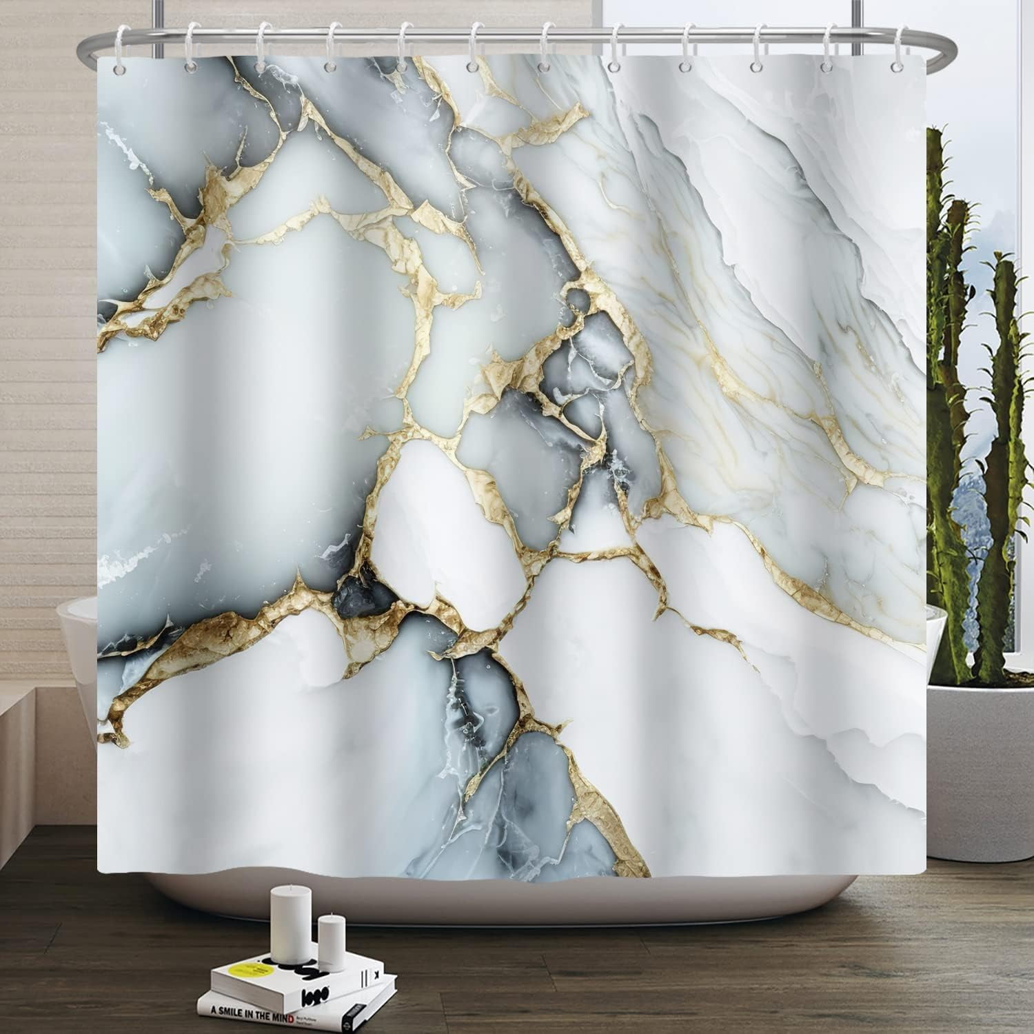 72x72 Inches Abstract Marble Shower Curtain Gray White Gold Marble ...