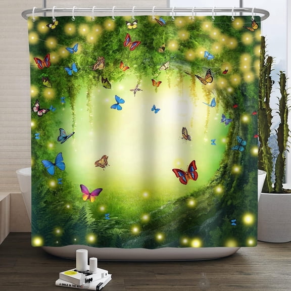 72x72 Inches Enchanted Forest Shower Curtain Magic Green Forest Tree Butterflies Meadow Tropical Jungle Fairy Tales Wonderland Shower Curtains for Bathroom Decor Polyester with Hooks
