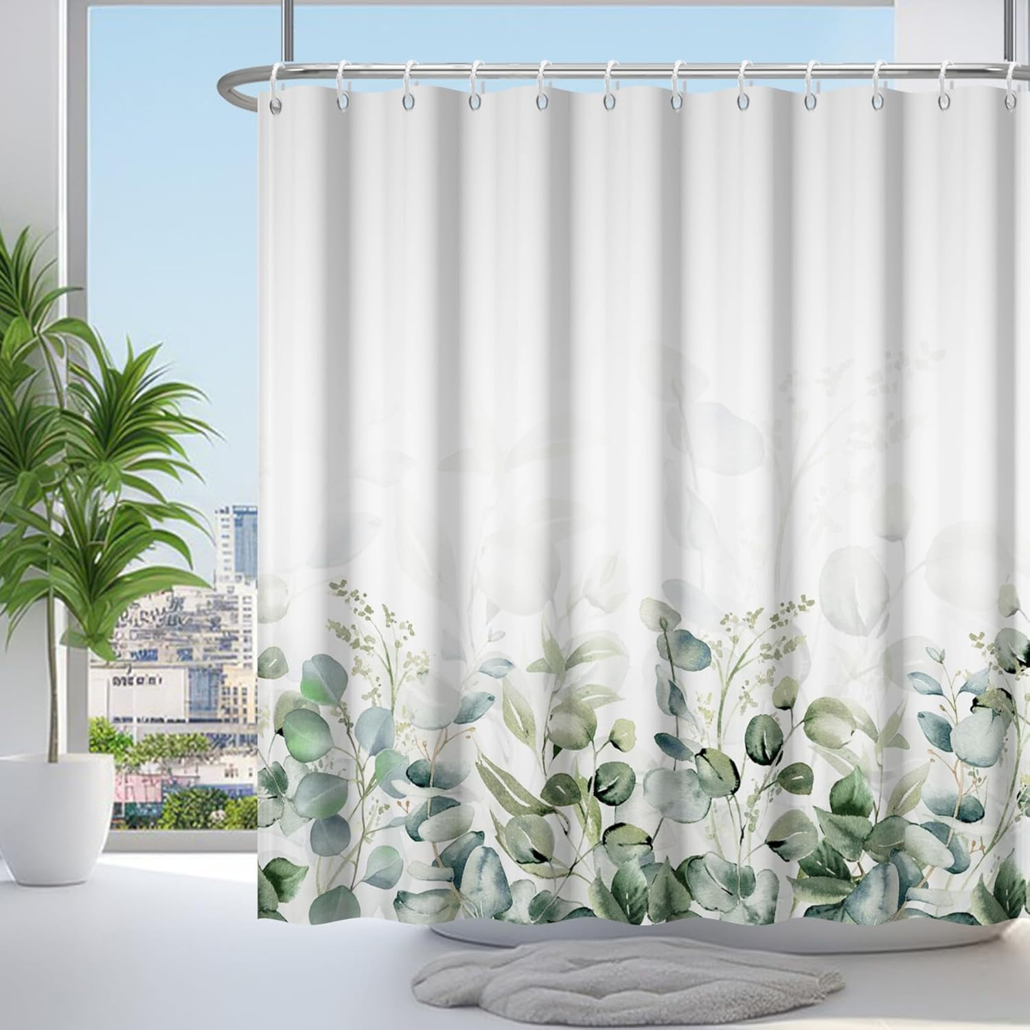 72x72 Inches Green Leaves Shower Curtain Watercolor Eucalyptus Sage Botanical Plants Flower Nature Scenery Shower Curtains for Bathroom Decor Waterproof Polyester Fabric with Hooks