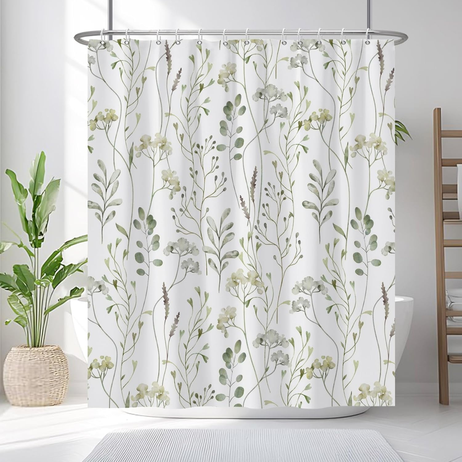 72x72 Inches Sage Green Leaves Shower Curtain Watercolor Leaf Floral Plant Bath Curtain Botanical Fabric Shower Curtain for Bathroom Decor Set Polyester Waterproof with Hooks