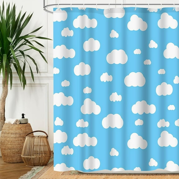 72x72 inch Blue Sky White Cloud Shower Curtain Sets for Bathroom, Cartoon Story Natural Landscape Scenery, Kits Bathroom Bathtub Decoration with 12 Plastic Shower Hooks,Baby Blue