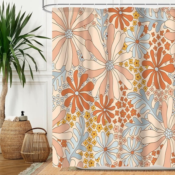 72x72 inch Groovy Flower Shower Curtain for Bathroom, Daisy Look Flowers, Boho Retro Hippie Funky 70s 60s Floral Hippie Summer Bathtub Decor 12 Plastic Shower Hooks,Orange Blue