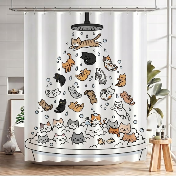 72x72in Funny Cartoon Cats Bathtub Shower Curtain for Kids Bathroom