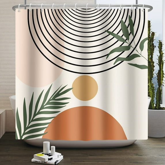72x72inch Abstract Mid Century Shower Curtain Boho Shower Curtain for Bathroom Geometric Leaves Plant Modern Minimalistic Home Bathtub Decor Set with Hooks Fabric Waterproof