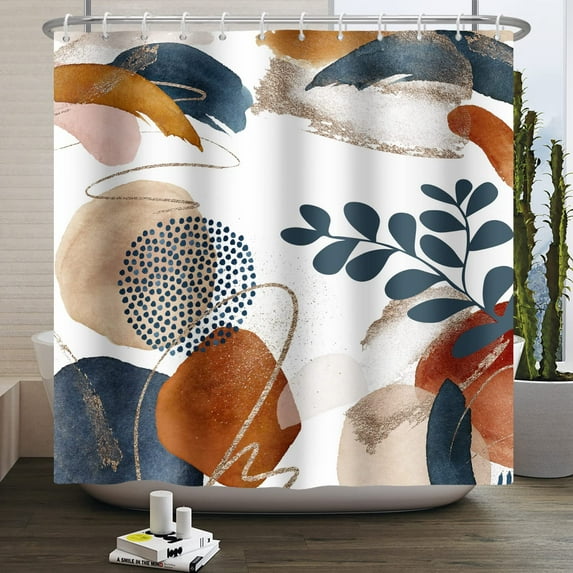 72x72inch Abstract Mid Century Shower Curtain Boho Shower Curtain for Bathroom Geometric Leaves Plant Modern Minimalistic Home Bathtub Decor Set with Hooks Fabric Waterproof