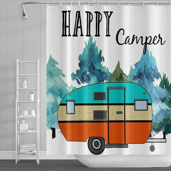 72x72inch Happy Camper RV Shower Curtain Camping Theme Bath Curtain for Bathroom Camper Trailer Decorations Watercolor Outdoor Adventure RV Bathroom Curtain Decor Bathroom Set with Hooks