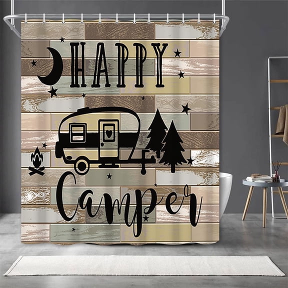72x72inch Happy Camper RV Shower Curtain for Travel Trailers Vintage Farmhouse Bathroom Camping Theme Shower Curtains Set RV Restroom Decorations Accessories with Hooks