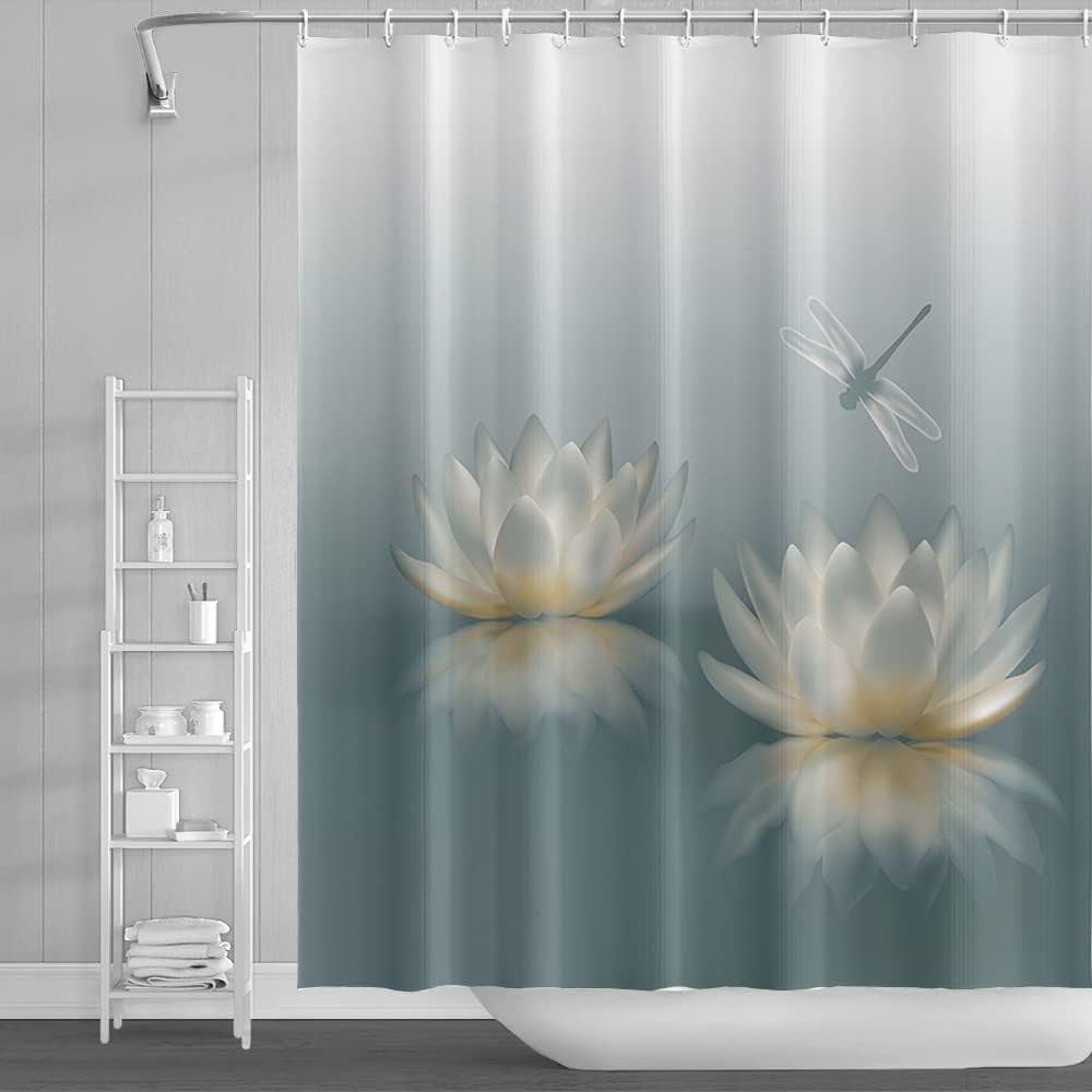 72x72inch Japanese Lotus Shower Curtains for Bathroom Waterlily Floral Blossom Dragonfly Gradient Bath Curtain for Asian Zen Spa Washroom Decoration Waterproof Polyester Fabric with Hooks